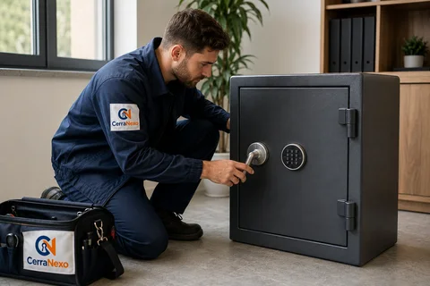 Escena ilustrativa: técnico de CerraNexo revisando la manilla de una caja fuerte con teclado electrónico.