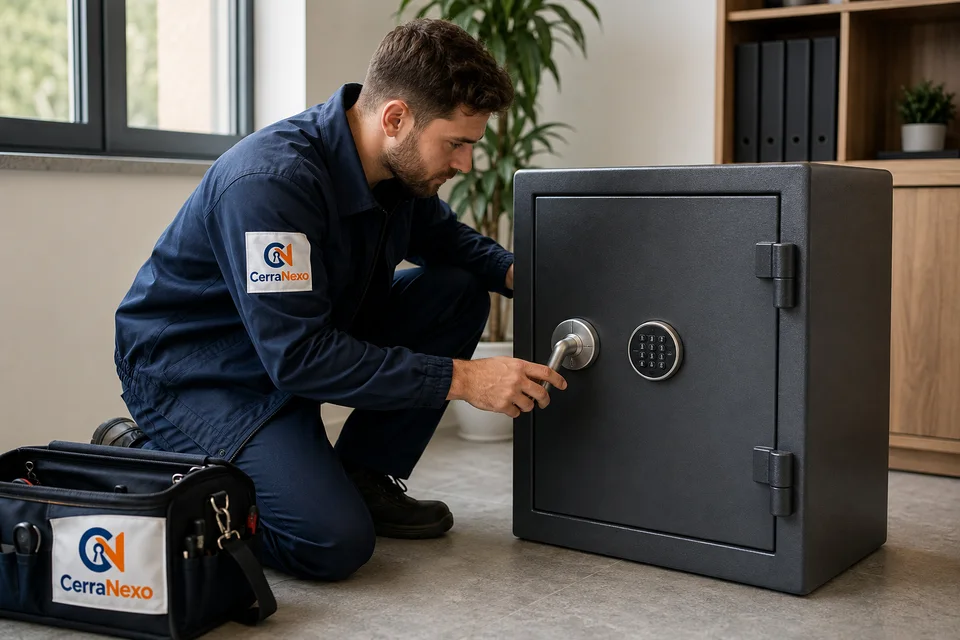 Escena ilustrativa: técnico de CerraNexo revisando la manilla de una caja fuerte con teclado electrónico.