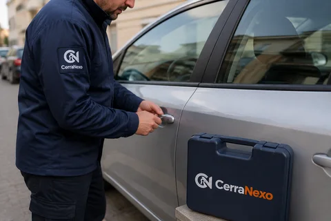 Escena ilustrativa: cerrajero de CerraNexo trabajando junto a la manilla de un coche plateado para recuperar el acceso.