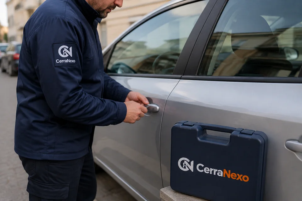 Escena ilustrativa: cerrajero de CerraNexo trabajando junto a la manilla de un coche plateado para recuperar el acceso.