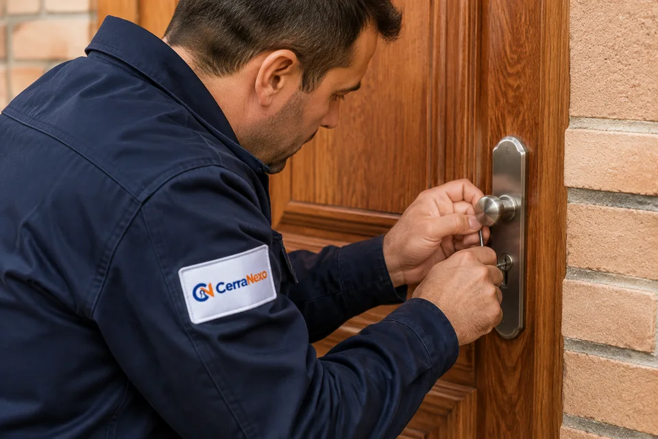 Escena ilustrativa: técnico de CerraNexo trabajando en el bombín de una puerta de madera para abrirla.