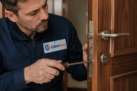 Escena ilustrativa: técnico de CerraNexo ajustando con un destornillador la cerradura en el canto de una puerta de madera.