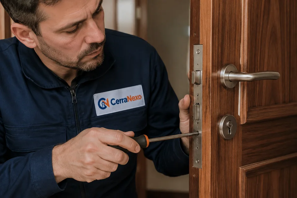 Escena ilustrativa: técnico de CerraNexo ajustando con un destornillador la cerradura en el canto de una puerta de madera.